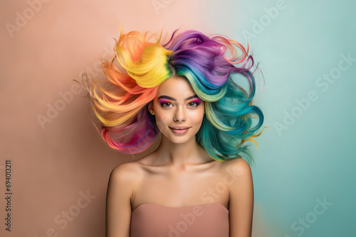  Pretty girl with colorful hair. Young woman with bright makeup and rainbow dyed hairstyle. Female face on background of colored fluttering curls. Professional haircut and coloring