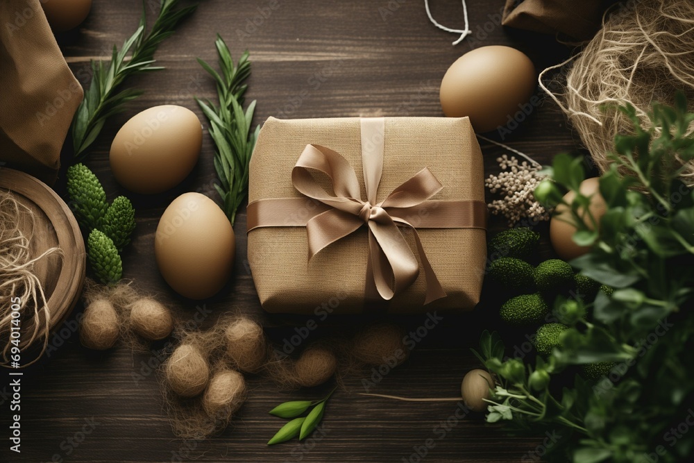 Gift boxes in craft paper and natural decorations, creative and zero waste Easter present wrapping. Gift boxes in craft paper and natural decorations, creative and zero waste Easter present wrapping.