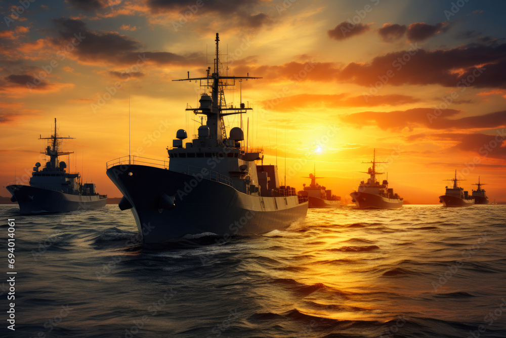 Sunset Silhouettes: Naval Fleet Anchored