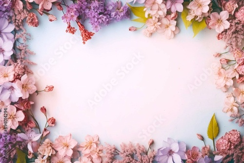 Flowers composition. Frame made of various pink and purple flowers on light background. Flat lay  top view  space for text