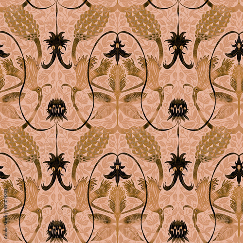 Seamless pattern, ornament with flowers, ginger beehive and desert peas in red-brown tones. Small format. Digital illustration. Accessories for interior design, wallpaper, fabrics, clothing, stationer photo