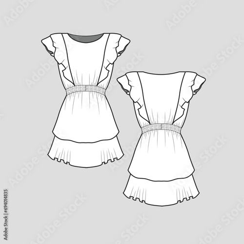 Fashion Smocking Ruffles Sleeve dress peplum waist smocking gathering layered ruffles hem t shirt blouse dress fashion flat sketch technical drawing template design vector