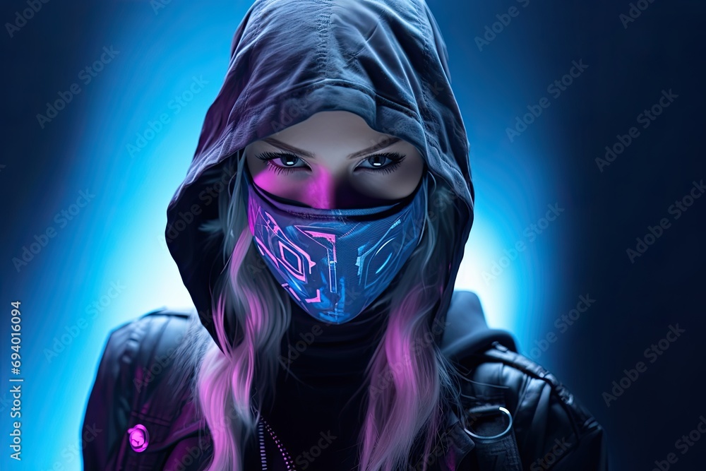 A young woman with a dark, mysterious aura wears a face mask, blending beauty with an eerie costume. A young woman with a dark, mysterious aura wears a face mask, blending beauty with an eerie costume.