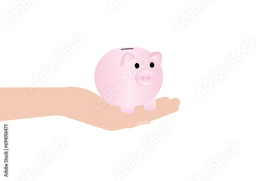 Hand Holding Piggy Bank. Growing Money, Saving and Investment Concept. Vector Illustration.