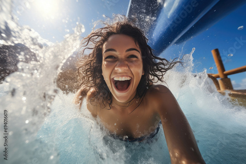 Joyful Water Adventure: Woman Splashing Down the Slide © AIproduction