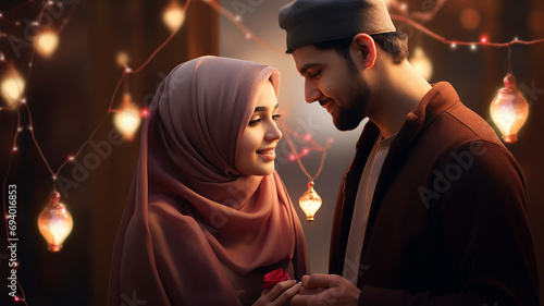 muslim couple with christmas lights in the background, valentine concept