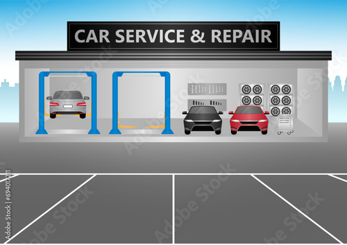 Car Repair and Service Center. Car Maintenance. Vector Illustration.  © BillionsPhoto