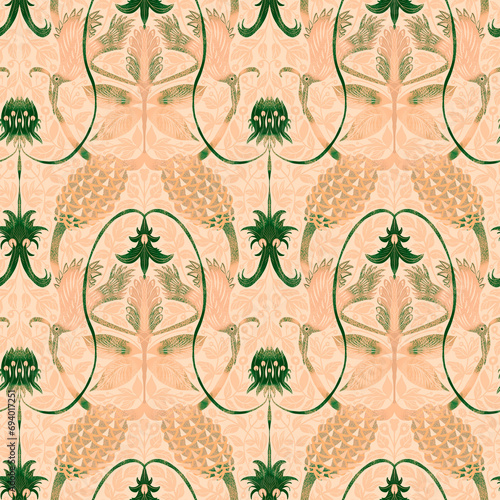 Seamless pattern, ornament with flowers, ginger beehive and desert peas in orange and green tones. Small format. Digital illustration. Accessories for interior design, wallpaper, fabrics, clothing, st photo