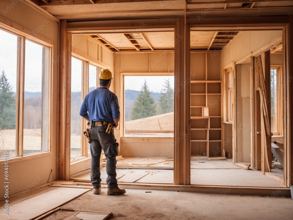 Worker in hard hat and blue overalls is standing on the windowsill and working Worker in hard hat and blue overalls is standing on the windowsill and working