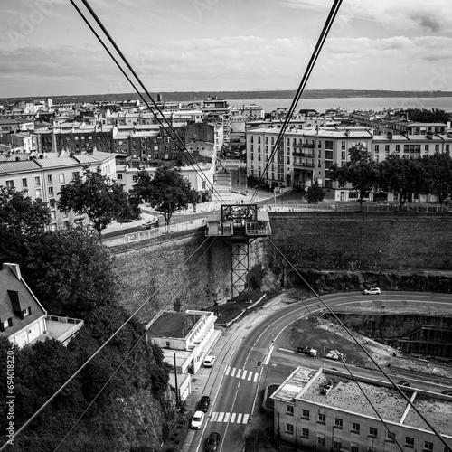 Canvas Print Brest cable car cables with view of the bridge from inside the cabin aerial phot