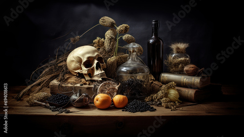 Still life with human skull on dark background - vanitas photo