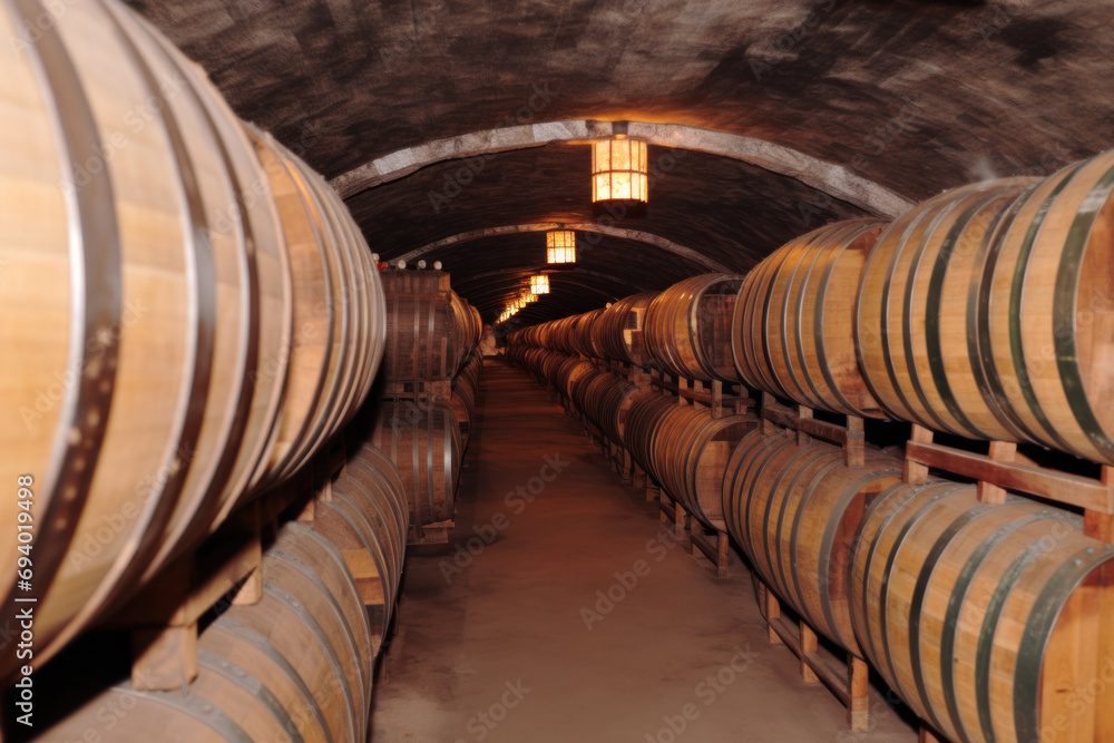 Wine barrels ageing in underground cellar