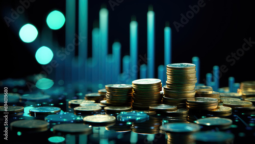 finance stock market trend with money coins and bitcoins cryptocurrency