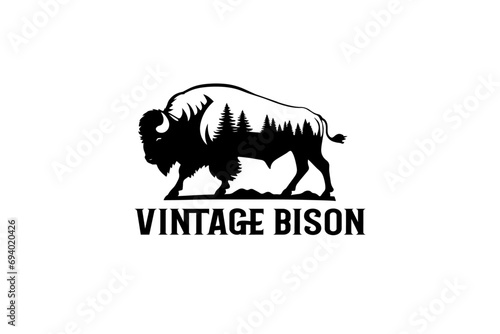 vintage bison logo design with tree 