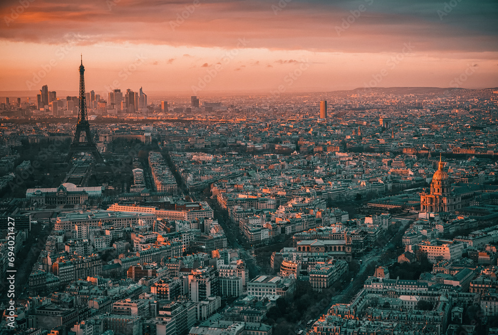 Paris, France: city skyline with the Eiffel tower at sunset