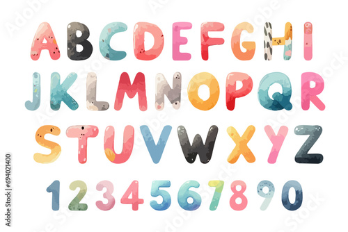 Watercolor alphabet font and number set. Colourful hand drawn cute childish typeface for children book, education, school, scrapbook, poster, birthday card, graphic print, etc.