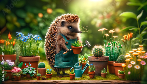 Hedgehog with shovel among plants photo