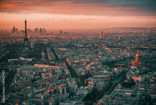 Paris, France: city skyline with the Eiffel tower at sunset