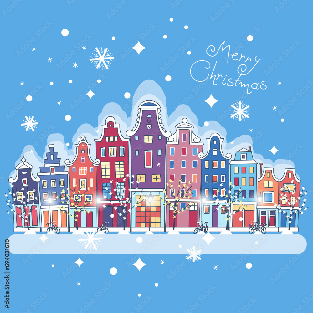 Christmas night city with traditional european houses and Christmas lights, banner 2