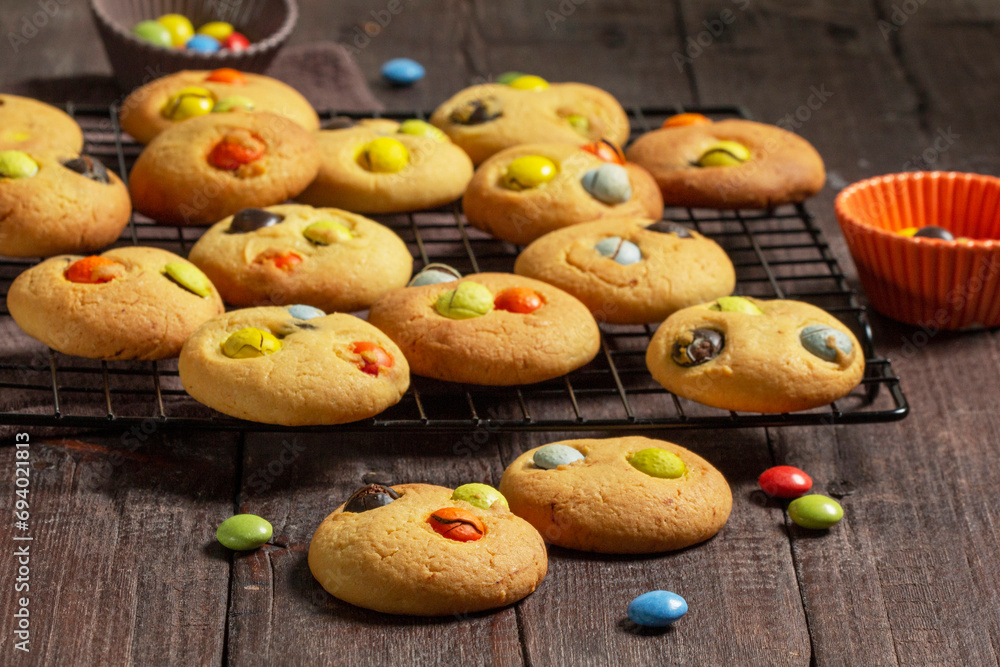 Traditional homemade cookies with chocolate candies in glaze. Shortbread.