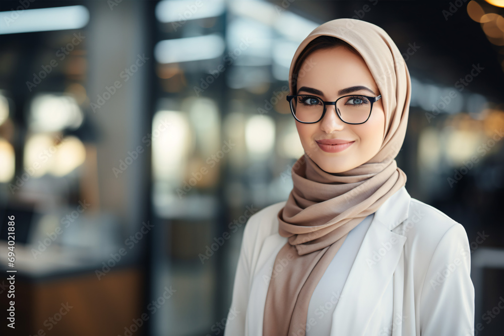 Young Muslim businesswoman happily looking at the camera while wearing hijab and glasses in a modern office. Young Muslim businesswoman happily looking at the camera while wearing hijab and glasses in a modern office.