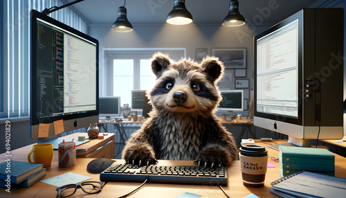 Raccoon at computer with accessories photo