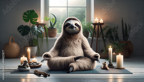 Sloth in yoga pose with plants photo