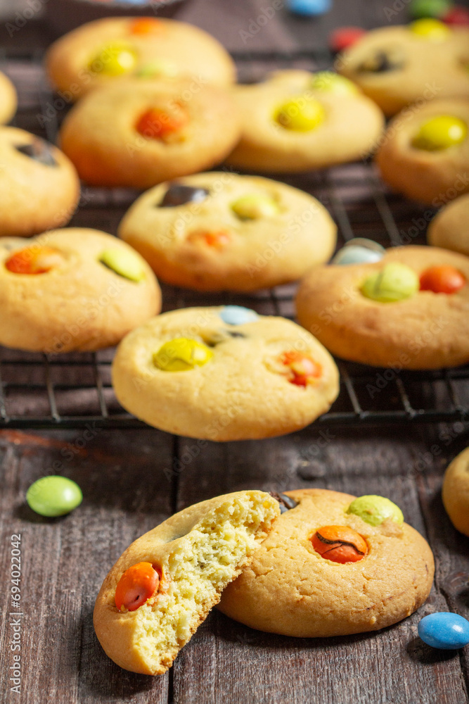 Traditional homemade cookies with chocolate candies in glaze. Shortbread.