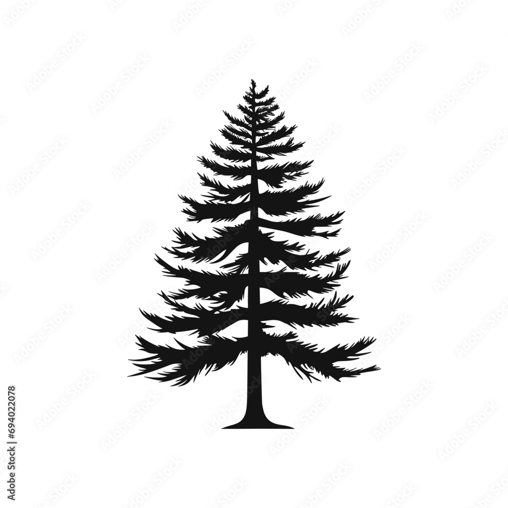 A flat black vector silhouette of a pine tree against a white background. A flat black vector silhouette of a pine tree against a white background.