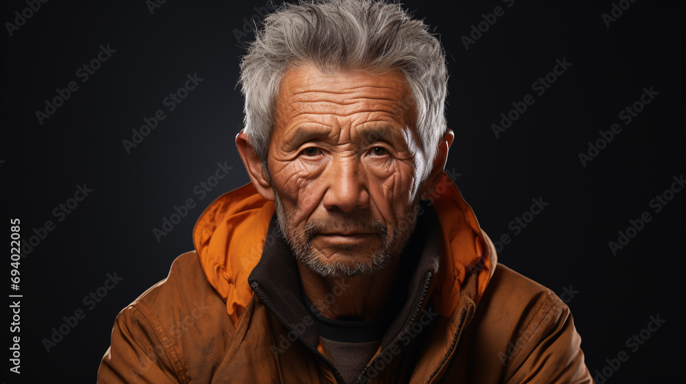 An elderly Asian gentleman is contemplatively glancing at the camera in a studio setting, in close-up.