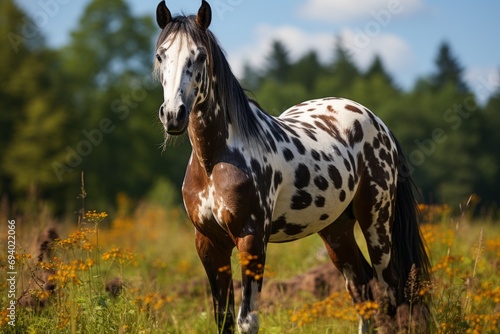 Appaloosa horse in its natural environment against the backdrop of a forest and clearing. Concept: for use in materials about equestrian sports, farming and nature  © Marynkka_muis
