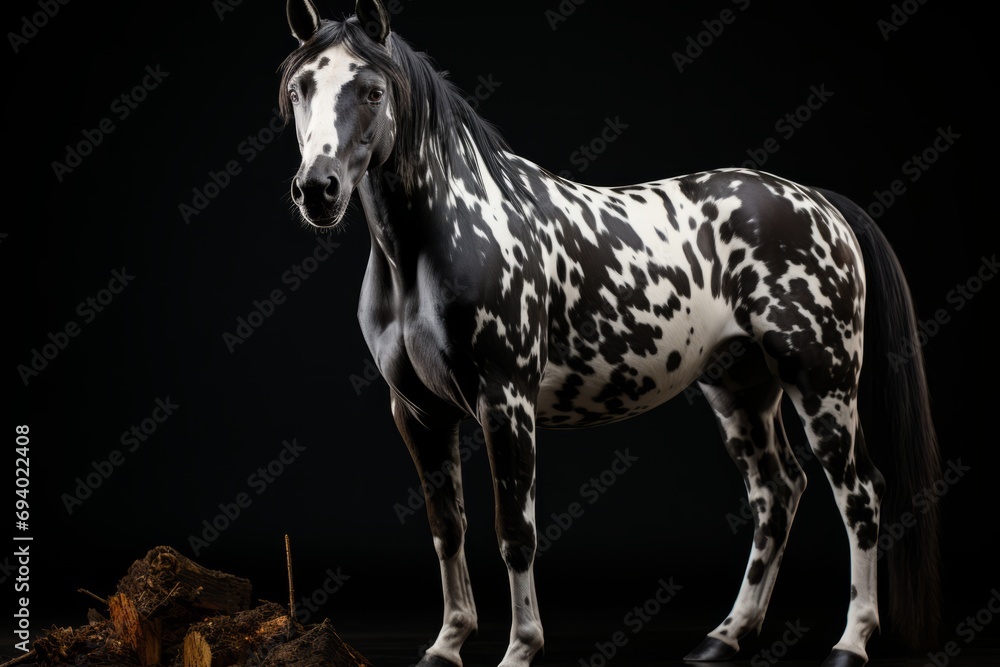 Elegant Appaloosa horse with contrasting spotted coat on a black background. A strong stance and an attentive gaze. Concept: the power of this majestic animal - obrazy, fototapety, plakaty 