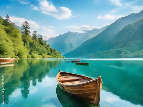 AI Generated Serenity by the Lake Wooden Boats Amidst Nature's Embrace