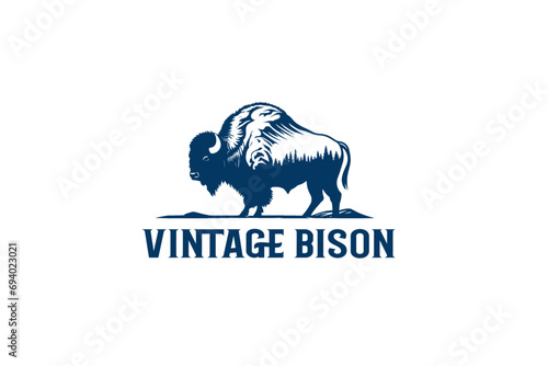 vintage bison logo design with mountain and tree 