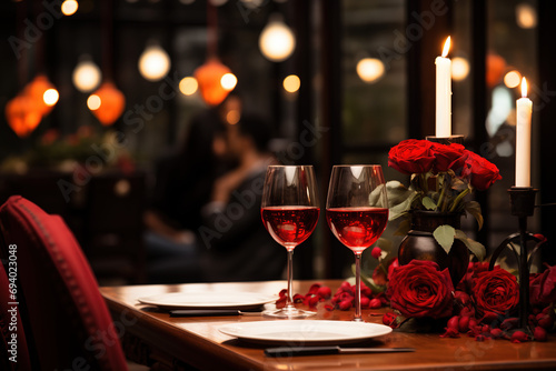 love date valentine elegant venue night with wine and candles at restaurant table