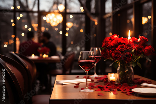 love date valentine elegant venue night with wine and candles at restaurant table