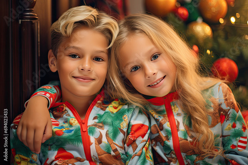 Two cute kids wearing Christmas pyjamas 