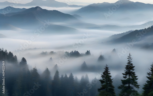 AI Generated Picturesque Mountain Landscapes Misty Peaks and Towering Pine Trees © Gilang