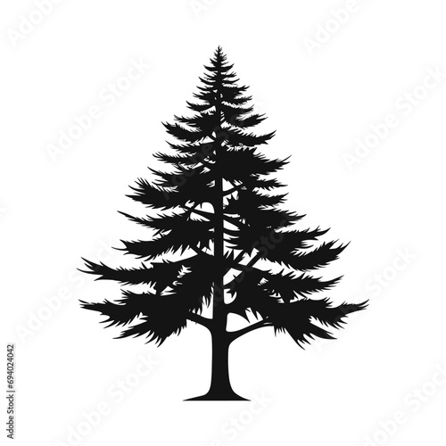 A flat black vector silhouette of a pine tree against a white background.