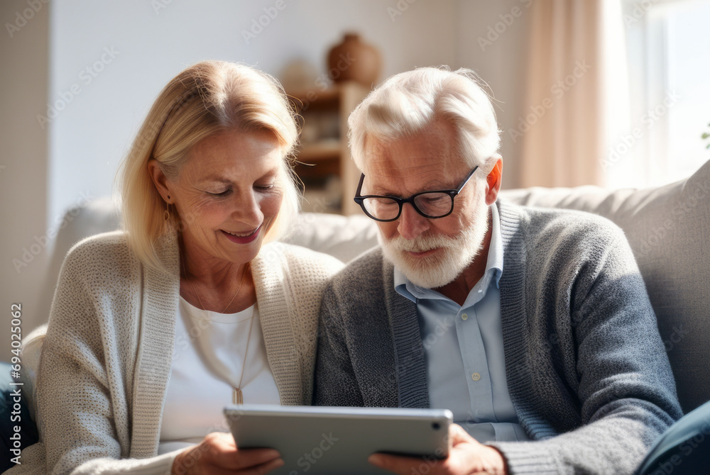 happy couple senior man and woman Using a tablet together in the living room On a soft sofa, check family financial information, update good news Investment income Enjoy a great retirement. happy couple senior man and woman Using a tablet together in the living room On a soft sofa, check family financial information, update good news Investment income Enjoy a great retirement.