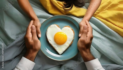 Two hands hold a heart-shaped fried egg on a blue plate over a yellow and blue bedspread