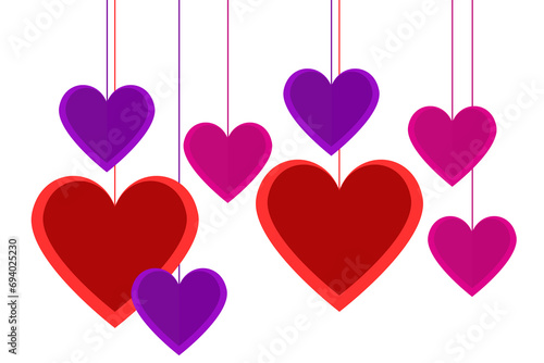 3D love hearts shapes hanging on transparent background