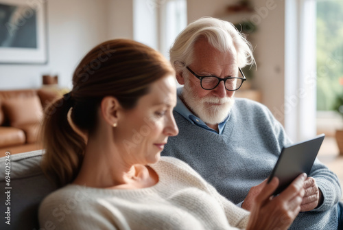 happy couple senior man and woman Using a tablet together in the living room On a soft sofa, check family financial information, update good news Investment income Enjoy a great retirement.