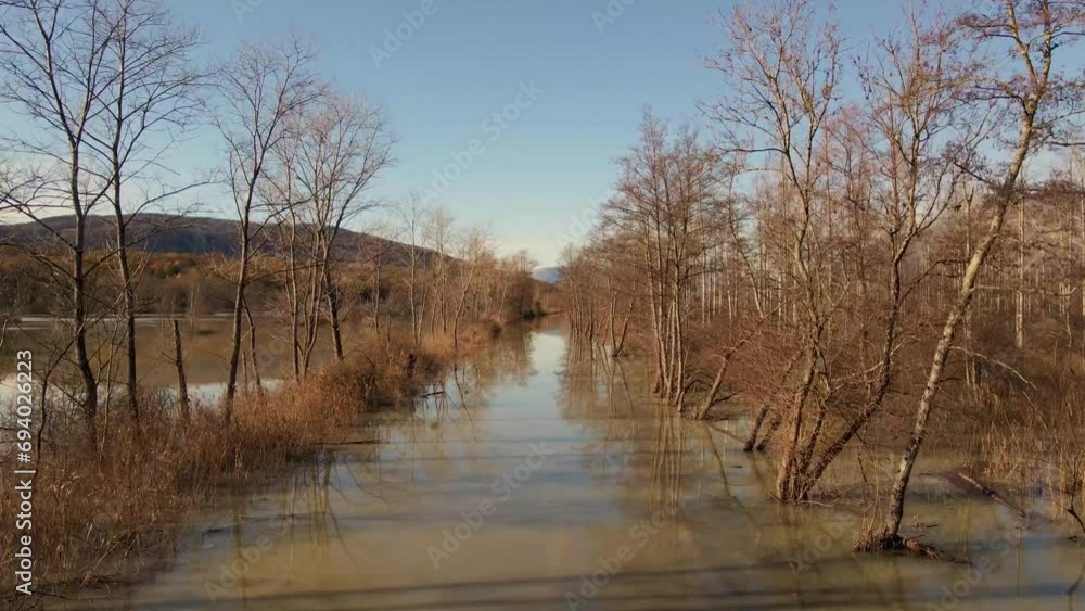 Vue aérienne des inondations de la plaine de Chautagne, Savoie, France le 15 décembre 2023 Vue aérienne des inondations de la plaine de Chautagne, Savoie, France le 15 décembre 2023