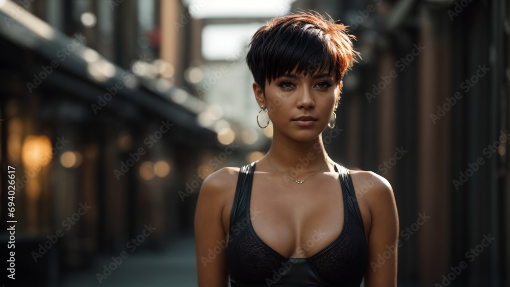 beautiful woman model with a pixie cut in sunlit street