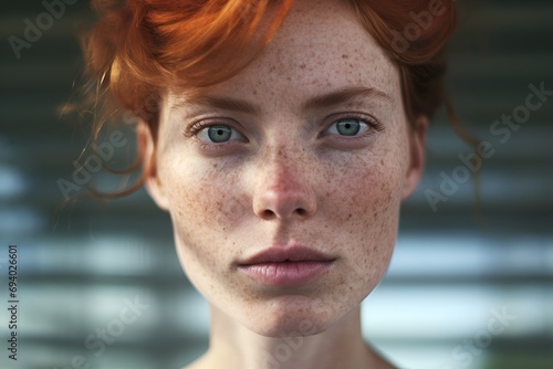 Porträt einer ungeschminkten Frau mit Sommersprossen und roten Haaren photo