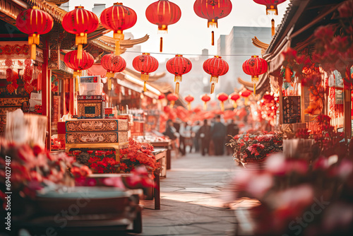 Bustling marketplace with red Chinese lanterns  and flowers around 