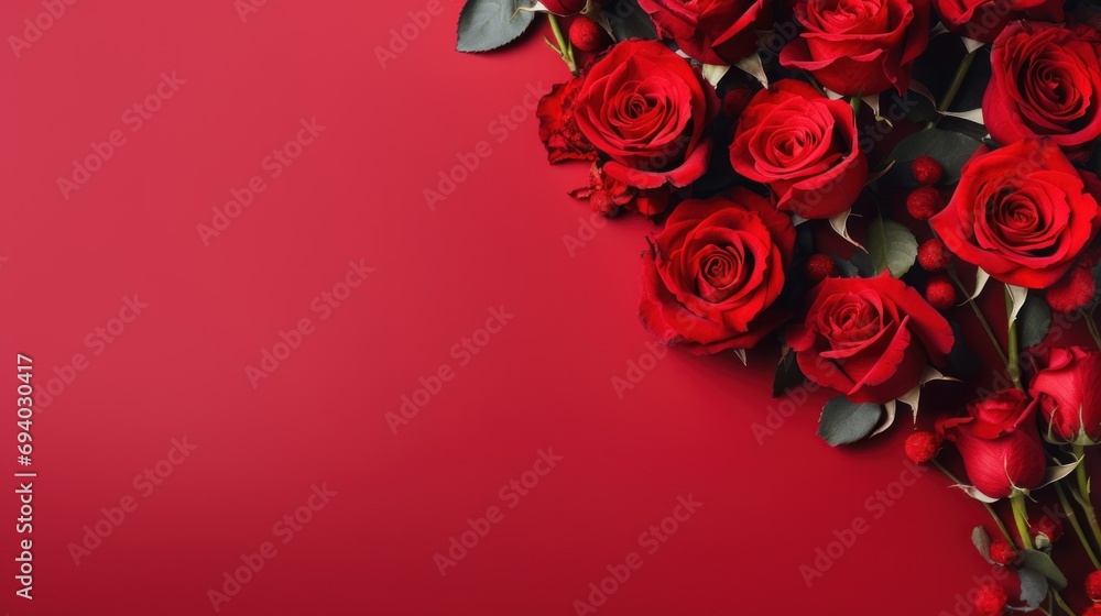 Red roses flower on red background. Copy space. Flower frame. Top view Red roses flower on red background. Copy space. Flower frame. Top view