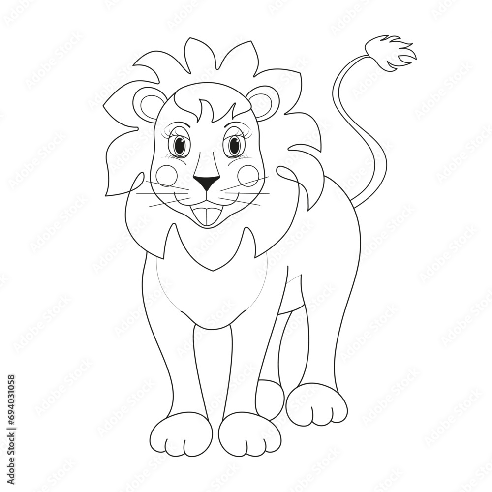 Lion coloring page for children. Hand drawn lion outline illustration.