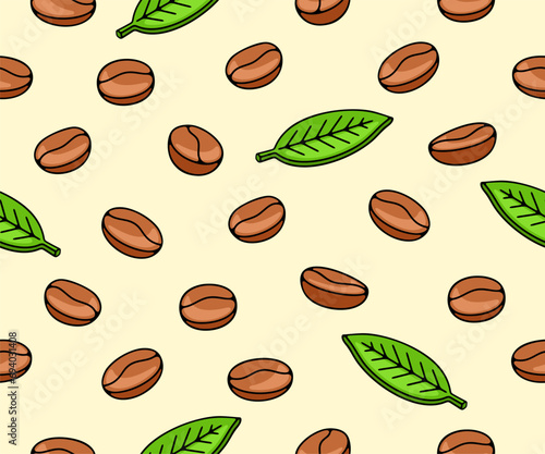 Coffee beans with leaf and plant, seamless vector background and pattern. Food, hot drink, beverage, cafes, coffee house and coffee shop, vector design and illustration